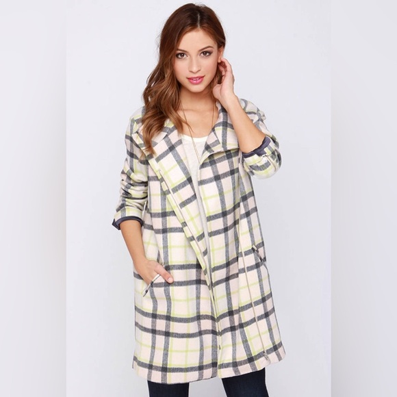 Finders Keepers Jackets & Blazers - FINDERS KEEPERS Womens Wool Blend Long Time Cream Plaid Coat